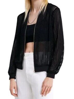 Zara Textured Mesh Open Knit Full Zip Bomber Jacket Black Women's Size Medium
